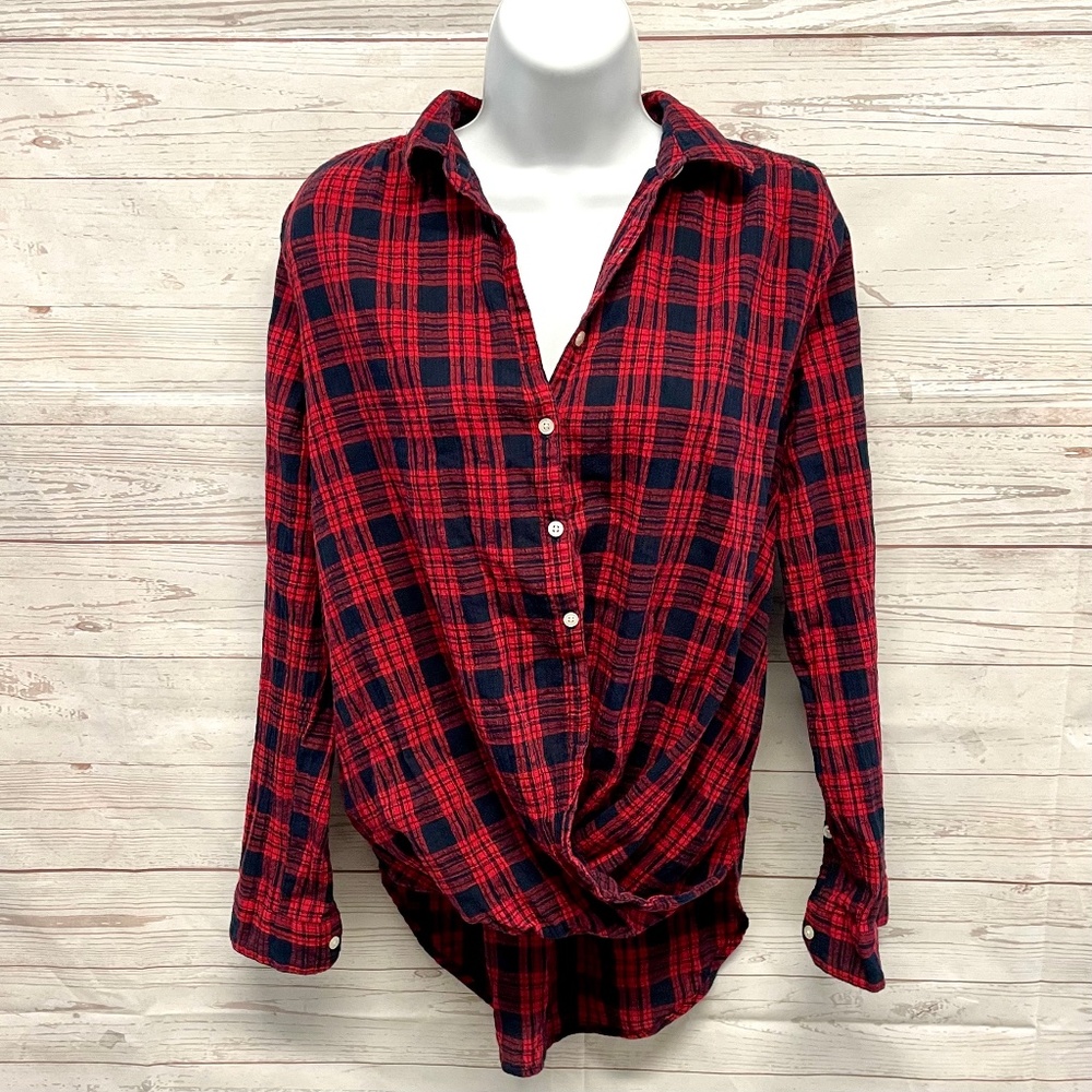 Isabella Sinclair plaid crinkle front twist wrap button up shirt